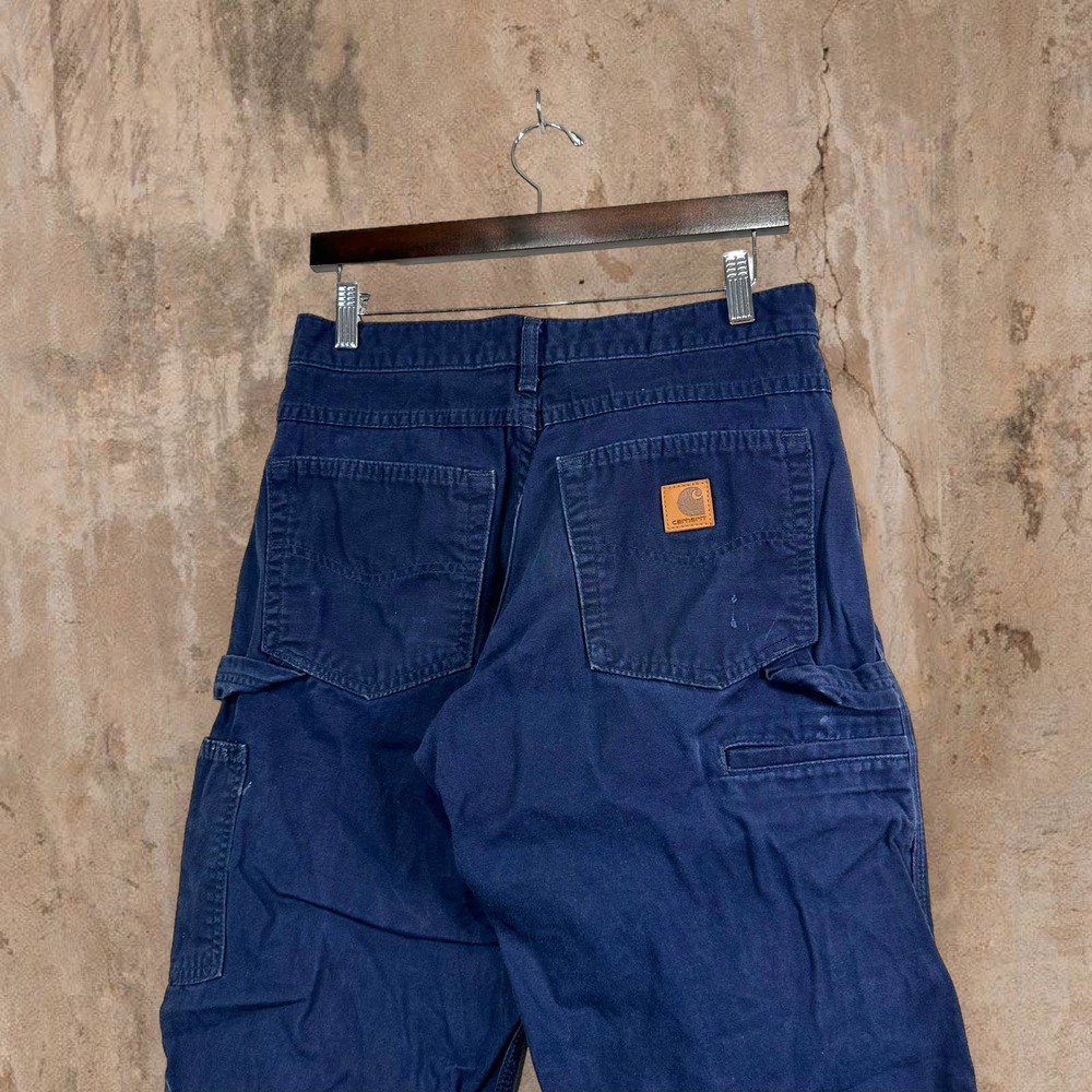 Vintage Carhartt Carpenter Pants Navy Blue Baggy Fit Dungarees Leather Logo 90s